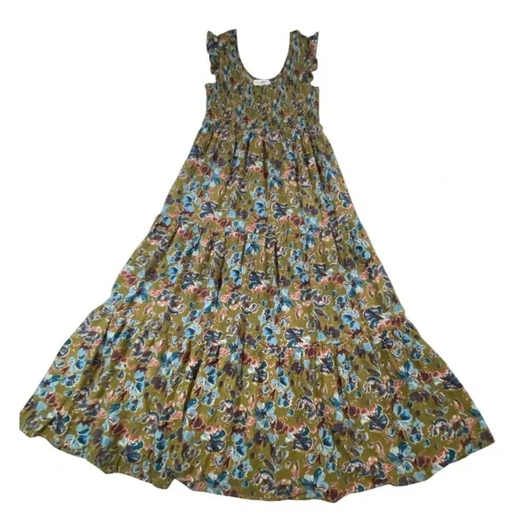 Natural Life Women Olive Green Floral Smocked Tiered Ruffle Maxi Dress Small - Picture 2 of 9